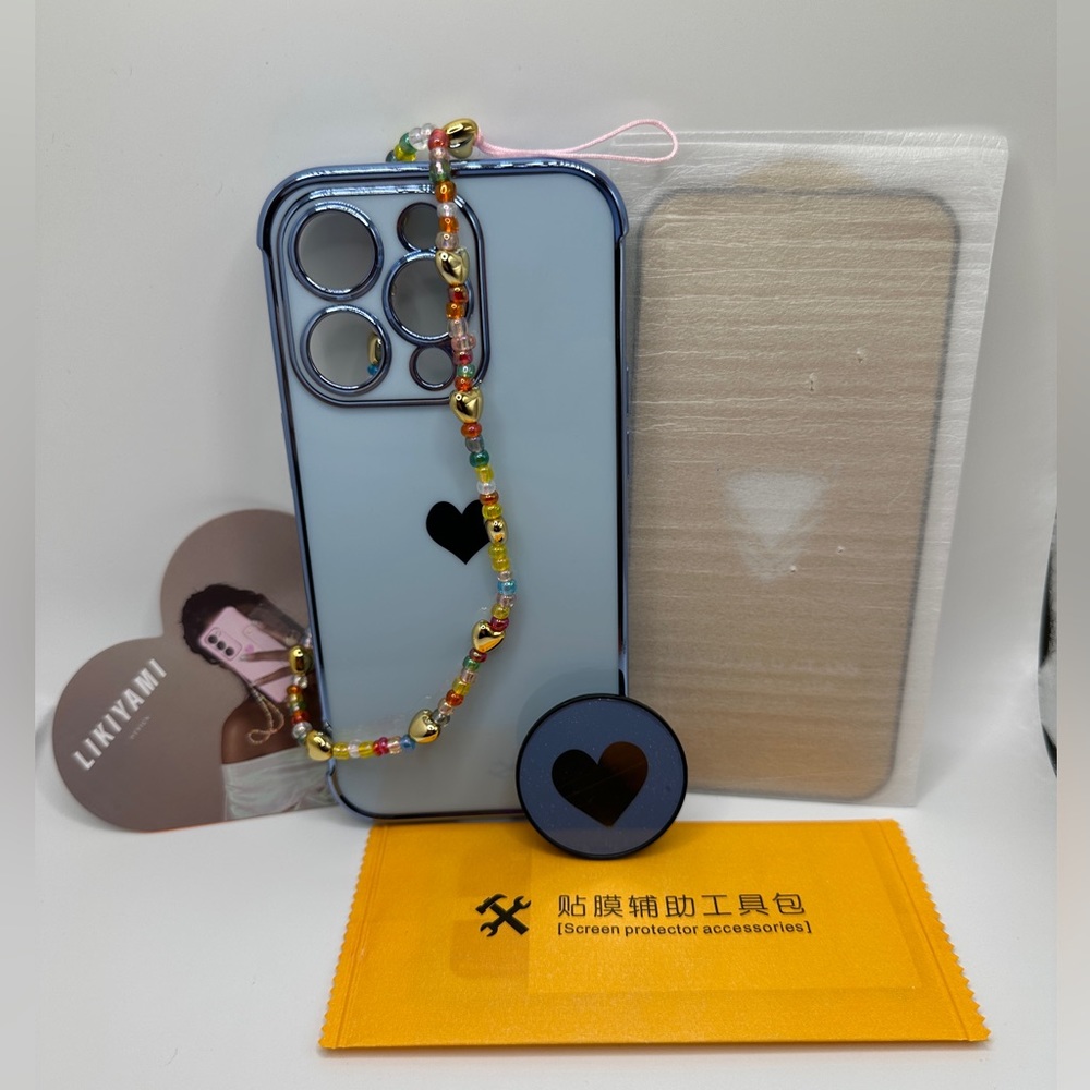 iPhone 14 Pro Case - Blue Heart w beaded wrist strap